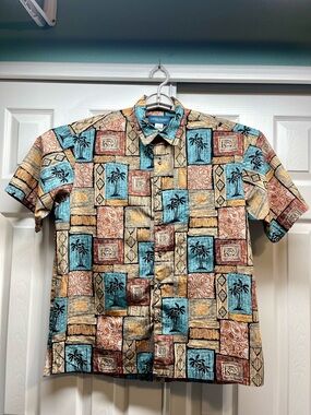 Cooke Street Honolulu Hawaiian Shirt Mens Medium Blue Block Print Palm Tree Vtg